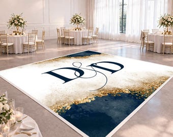 Ontwerp met monogram bruiloft dansvloer | Marineblauwe gouden marmeren initialen | Vloerbedekking evenement | Bruiloftsdecoraties | Drukklaar digitaal bestand