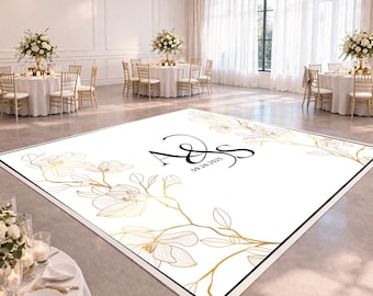 Ontwerp dansvloer | Gouden bloemen bruiloft dansvloer | Luxe receptiedecoratie | Digitaal aangepast monogrambestand