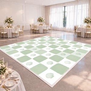 May include: A large, rectangular dance floor with a white and light green checkered pattern. The design includes seashell illustrations. The dance floor is set up in a large, well-lit event space with round tables and floral centerpieces.