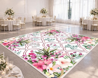 Roségouden dansvloerontwerp met bloemen | Bruiloftsreceptie | Sticker latwerkvloer | Elegant evenementdecor | Aangepast digitaal bestand
