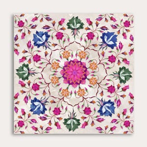 May include: A square decorative design featuring a symmetrical floral pattern. The design includes pink, blue, green, and orange flowers with intricate details, set against a cream-colored background. The overall aesthetic is ornate and artistic.