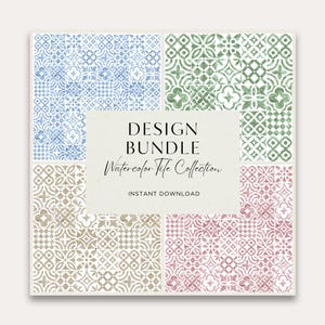 Peut inclure: Un ensemble de motifs de carreaux d'aquarelle bleus, verts, beiges et roses. Les motifs ont un design géométrique. Le texte "DESIGN BUNDLE Watercolor Tile Collection INSTANT DOWNLOAD" est au centre de l'image.