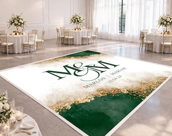 Ontwerp dansvloer bruiloft | Groen goud marmeren monogram vloer sticker | Elegante receptiedecoratie | Aangepast digitaal bestand