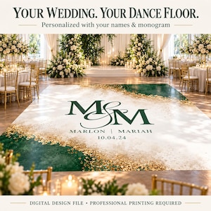 May include: A custom wedding dance floor decal featuring a white and dark green watercolor background with gold glitter accents. The center displays the monogram M&M, the names Marlon and Mariah, and the date 10.04.24 in dark green text.