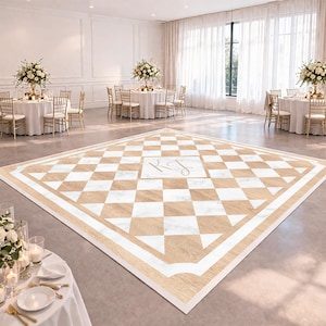 May include: A large, custom dance floor with a checkered pattern of light wood and white marble squares. The floor has a white border and a central square with the initials "R J". The setting is a spacious event hall with round tables and floral centerpieces.