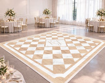 Wood and Marble Dance Floor Design | Checkered Wedding Floor Wrap with Monogram | Custom Print Ready Digital File