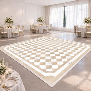 May include: A large, checkered dance floor with a light wood and white marble pattern. The floor is surrounded by a white border and is set in a spacious room with round tables, chairs, and floral centerpieces, creating an elegant event space.