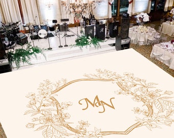 Custom Wreath Wedding Monogram Dance Floor Designs - Ivory, Gold.