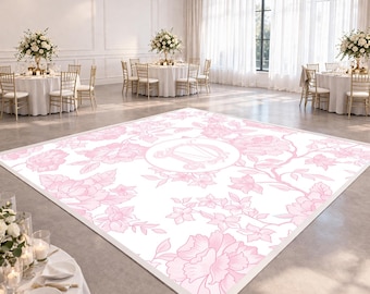 Lichtroze dansvloer met bloemenmonogram | Bruiloftsreceptie | Kunstwerk vloersticker | Romantisch bruiloftsdecor | Aangepast digitaal bestand