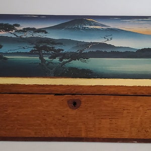Vintage wooden slope writing desk / Victorian lap desk embellished with vinyl sticker of Japanese woodblock print and gilded edging