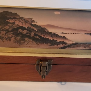 Vintage wooden slope writing desk / Victorian lap desk embellished with vinyl sticker of Japanese woodblock print and gilded edging