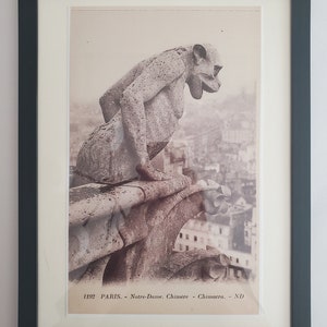 Lot of 4 enlarged glossy photocopies of Notre Dame Chimera postcards in a 9x12 inch frame