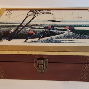 Vintage wooden slope writing desk / Victorian lap desk embellished with vinyl sticker of Japanese woodblock print and gilded edging