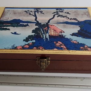Vintage wooden slope writing desk / Victorian lap desk embellished with vinyl sticker of Japanese woodblock print and gilded edging