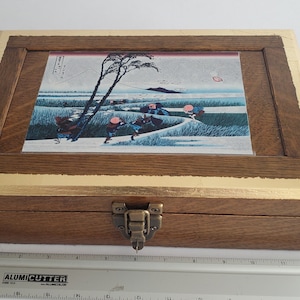 Vintage wooden slope writing desk / Victorian lap desk embellished with vinyl sticker of Japanese woodblock print and gilded edging