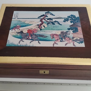 Vintage wooden slope writing desk / Victorian lap desk embellished with vinyl sticker of Japanese woodblock print and gilded edging