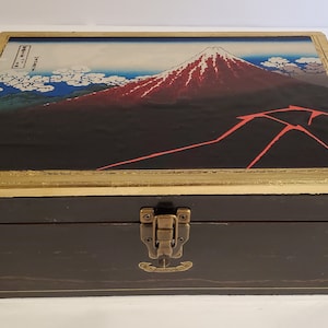 Vintage wooden slope writing desk / Victorian lap desk embellished with vinyl sticker of Japanese woodblock print and gilded edging
