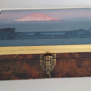 Vintage wooden slope writing desk / Victorian lap desk embellished with vinyl sticker of Japanese woodblock print and gilded edging