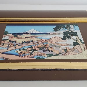 Vintage wooden slope writing desk / Victorian lap desk embellished with vinyl sticker of Japanese woodblock print and gilded edging