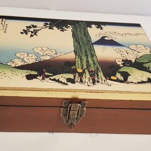 Vintage wooden slope writing desk / Victorian lap desk embellished with vinyl sticker of Japanese woodblock print and gilded edging