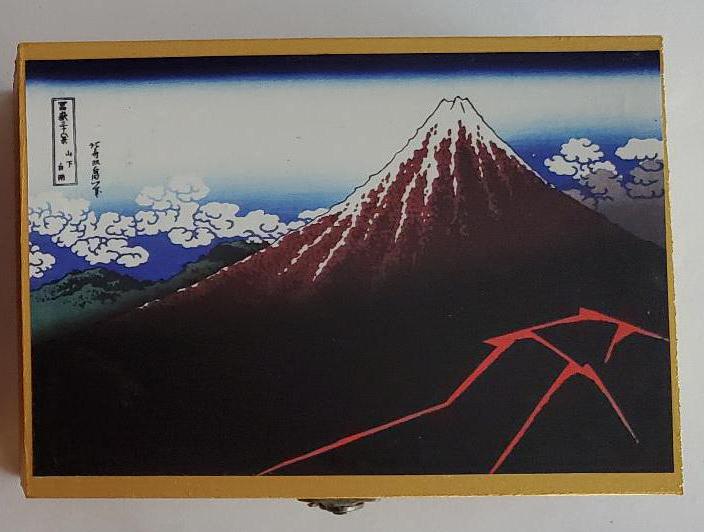 Two Gold Wood Memory Storage Boxes 8”x6”x3” with vinyl stickers of Hokusai's Storm Below Mt. Fuji and Mt. Fuji in Clear Weather