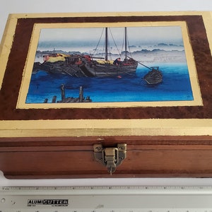 Vintage wooden slope writing desk / Victorian lap desk embellished with vinyl sticker of Japanese woodblock print and gilded edging