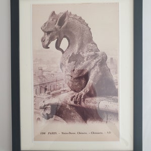 Lot of 4 enlarged glossy photocopies of Notre Dame Chimera postcards in a 9x12 inch frame