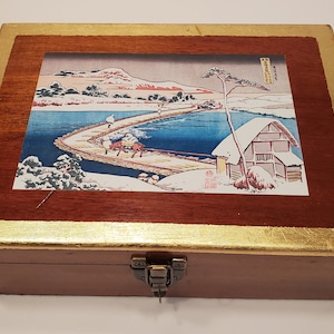 Vintage wooden slope writing desk / Victorian lap desk embellished with vinyl sticker of Japanese woodblock print and gilded edging
