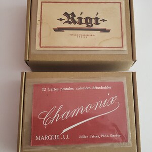 Vintage French carte postale and Swiss color postcards of Chamonix and Rigi glued to kraft brown greeting cards cards with envelopes