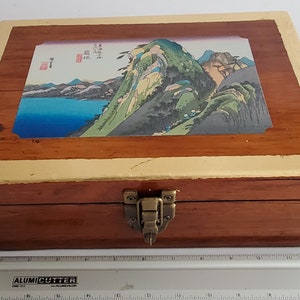 Vintage wooden slope writing desk / Victorian lap desk embellished with vinyl sticker of Japanese woodblock print and gilded edging