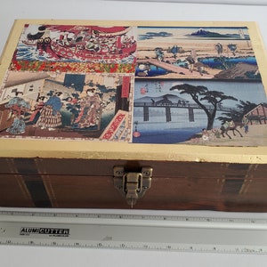 Vintage wooden slope writing desk / Victorian lap desk embellished with vinyl sticker of Japanese woodblock print and gilded edging
