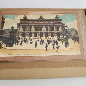 Bastille Day Invitations - Vintage French color carte postale postcards of Paris glued to kraft brown greeting cards cards with envelopes