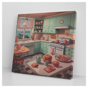Vintage 1950&#39;s Kitchen Canvas Print | Unique AI Artwork | Baking and Kitchen Decor
