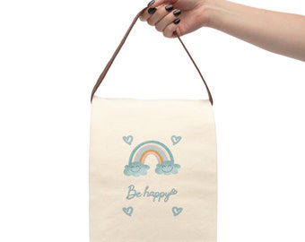 Be Happy Canvas lunchtas met riem, lunchtas voor tante, Be Happy lunchtas, lunchtas cadeau voor haar, verjaardagscadeau voor haar, Be Happy lunchtas