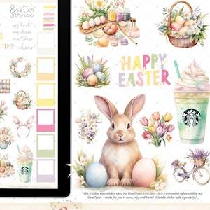Peut inclure: Une feuille d'autocollants numériques avec 40 autocollants de Pâques en aquarelle. Les autocollants représentent un lapin, des œufs, des fleurs, un panier, une tasse de café et le texte "Joyeuses Pâques".