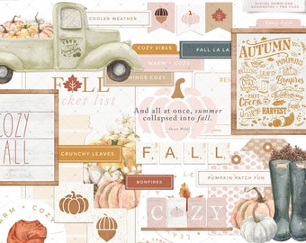 May include: A digital sticker sheet with a fall theme. The sheet includes watercolor stickers, labels, and illustrations of pumpkins, leaves, and other fall elements. The text "Cozy Fall" is at the top of the sheet.
