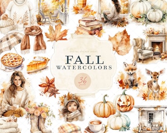 May include: A digital sticker sheet with 36 watercolor illustrations of fall themed items. The sheet includes images of pumpkins, leaves, a fox, a deer, a fireplace, a cozy armchair, a cup of coffee, a pie, a girl reading a book, and more.