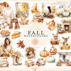 May include: A digital sticker sheet with 36 watercolor illustrations of fall themed items. The sheet includes images of pumpkins, leaves, a fox, a deer, a fireplace, a cozy armchair, a cup of coffee, a pie, a girl reading a book, and more.