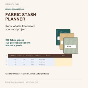 Peut inclure: Un planificateur numérique de stock de tissus avec le texte AROW DIGITAL STUDIO, SEWING ORGANIZATION, FABRIC STASH PLANNER, 200 fabric pieces, 100 project allocations, Metres + yards. Inclut un tableau et trois cartes colorées.