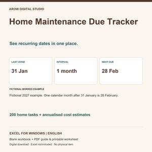 Peut inclure: Un modèle numérique de suivi d'entretien domestique par Arow Digital Studio. L'interface affiche des champs pour les dates de dernière intervention, d'intervalle et d'échéance, avec un exemple fictif, 200 tâches et des estimations de coûts.