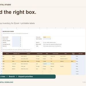 Peut inclure: Une feuille de calcul numérique d'inventaire de cartons de déménagement pour Excel présentant une interface de recherche avec des colonnes pour l'identifiant, la pièce, le contenu, la priorité, l'étape et l'emplacement.