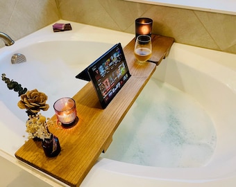 Plateau de baignoire, support de bain personnalisé, support de bain avec support pour verre à vin, étagère de baignoire, plateau de bain avec support pour téléphone, plateau de bain avec support pour iPad