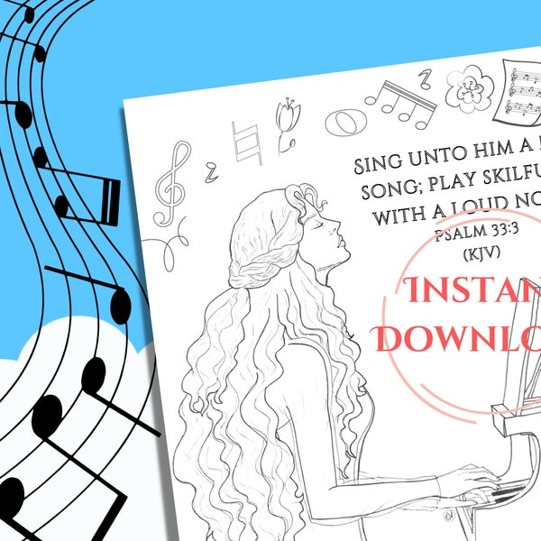 Psalm of the Piano • Bible Verse • Music • Line Drawing • Coloring Page for Adults • for Children • Instant Download • Printable • PNG, PDF