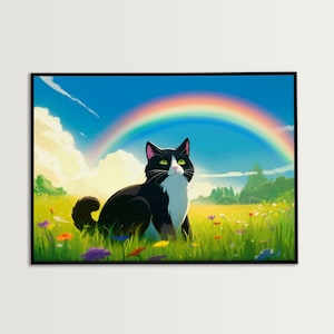 Rainbow Bridge - Waiting for you on the other side - Black & White Tuxedo Cat - Anime Style - Digital Art Print or Desktop Background