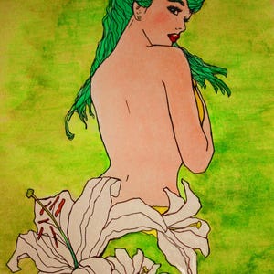 May include: Watercolor illustration of a woman with green hair and red lipstick, looking over her shoulder. She is partially covered by white lilies with red accents, set against a green background.