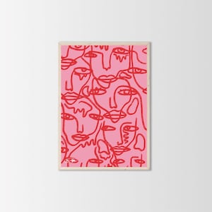 Pink Faces Poster – Kunstdruck, Poster Design, Lineart, Funky Wandkunst, Pinke Kunst, Abstraktes Poster, Wohnzimmerposter, Pink und Rot