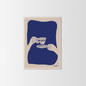 Tea Time Poster, Poster verschiedene Größen, Teetassen Malerei Beige Blau, Wohnzimmer Bild, Küchen Bild, Wanddeko, Selbstgezeichnet