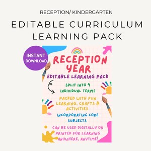 Może przedstawiać: Różowo-biały plakat do wydrukowania z tekstem "Reception Year" i "Editable Learning Pack". Plakat zawiera tęczę, pędzle i odciski dłoni. Na plakacie widnieje napis "Natychmiastowe pobranie", "Podzielony na 4 indywidualne terminy", "Wypełniony zabawą w nauce, rękodziełem i zajęciami", "Włączanie podstawowych przedmiotów" oraz "Można używać cyfrowo lub drukować do nauki w dowolnym miejscu i czasie!"