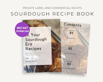 May include: A digital download for a sourdough recipe book with a cover featuring a close-up of a loaf of sourdough bread. The book title is "In Your Sourdough Era Recipes" and the subtitle is "A list of the best sourdough discard and active starter recipes". The book also includes a table of contents with chapters for breakfast, lunch/dinner, and snacks/desserts.