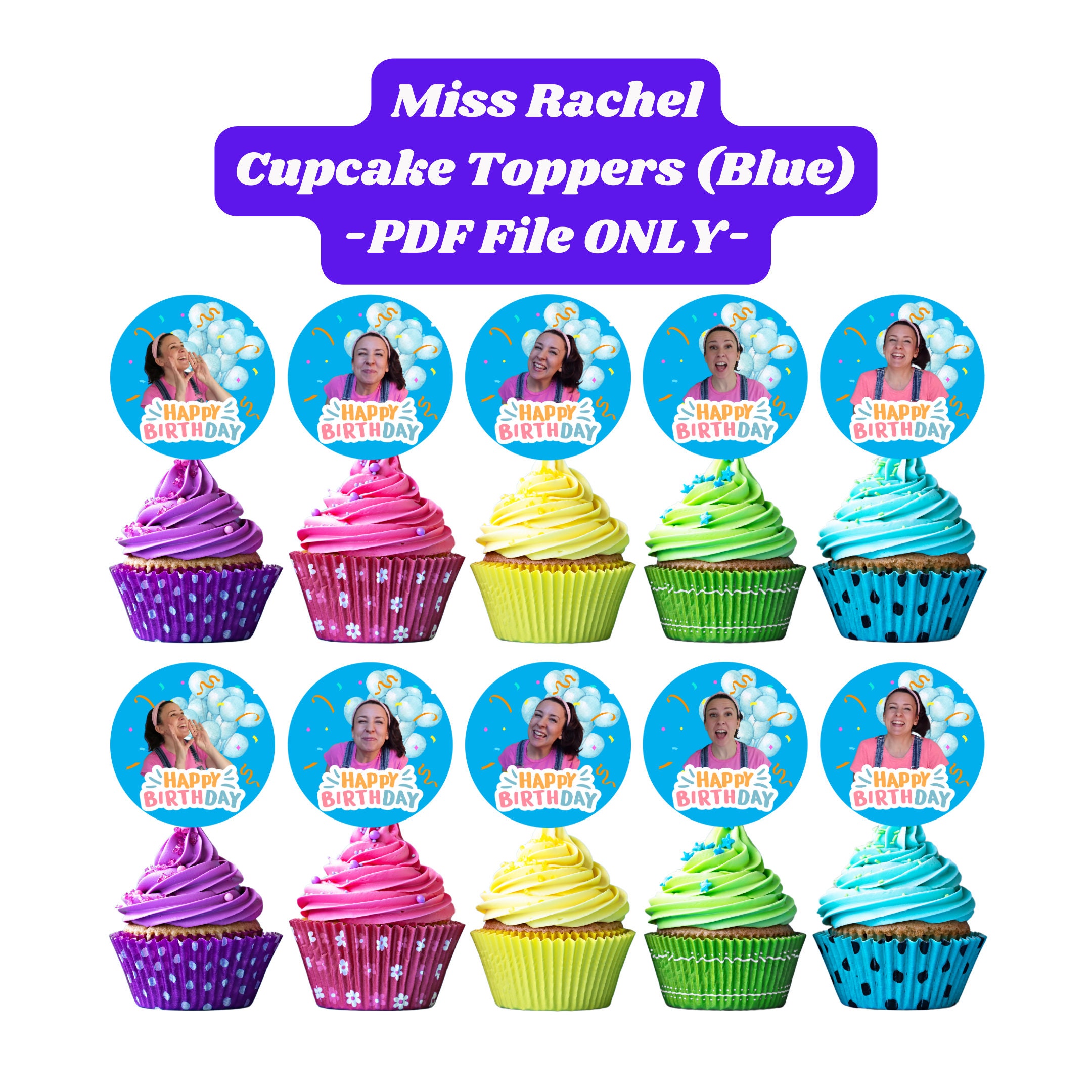 Printable Ms. Rachel Cupcake Toppers - BLUE | Digital Product | Instant Download | Regular and Mini Cupcakes | Birthday cupcake toppers